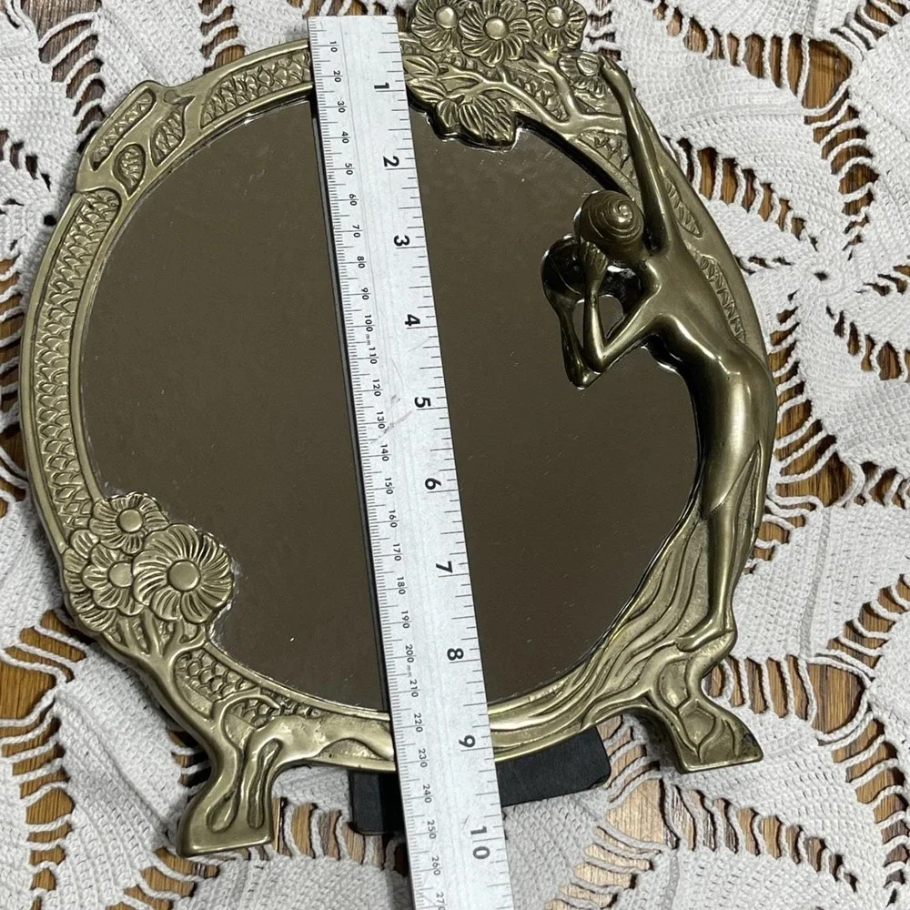 Vintage Art Nouveau Brass Mirror Lady of Lake Flower Vanity Frame